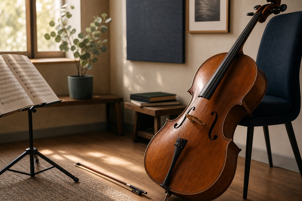 Violoncelle, archet et partition dans une salle de cours