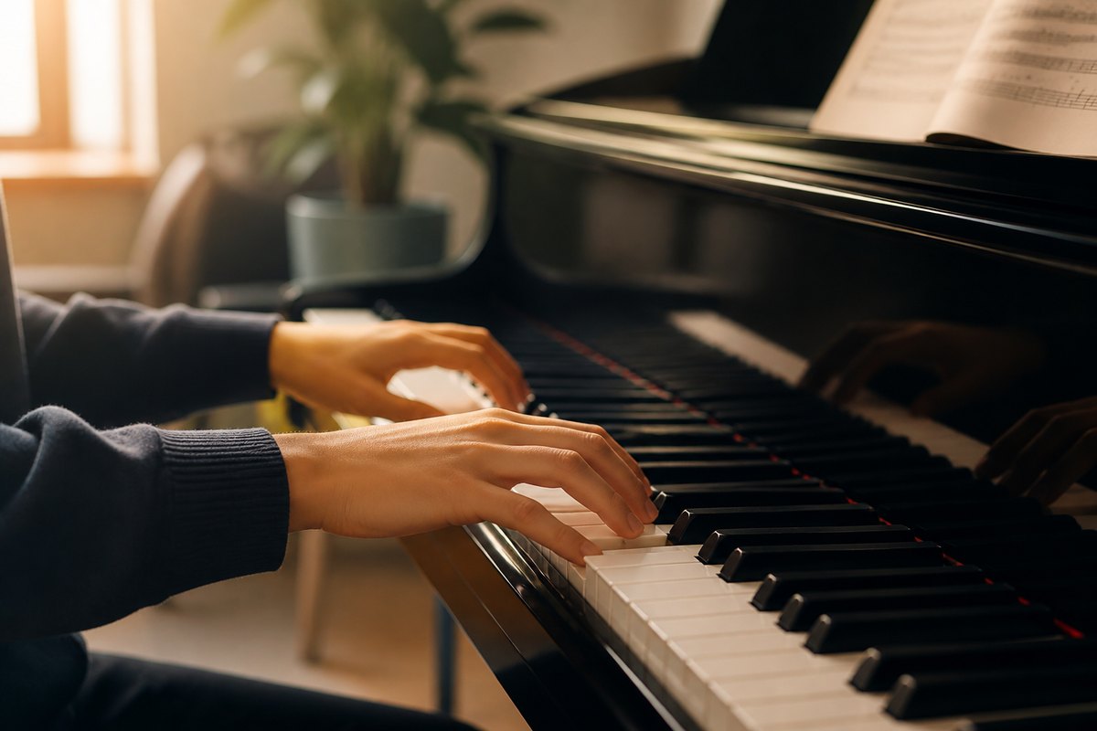 Mains jouant du piano dans une salle de musique