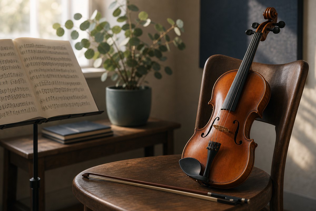 Violon, archet et partition dans une salle de cours